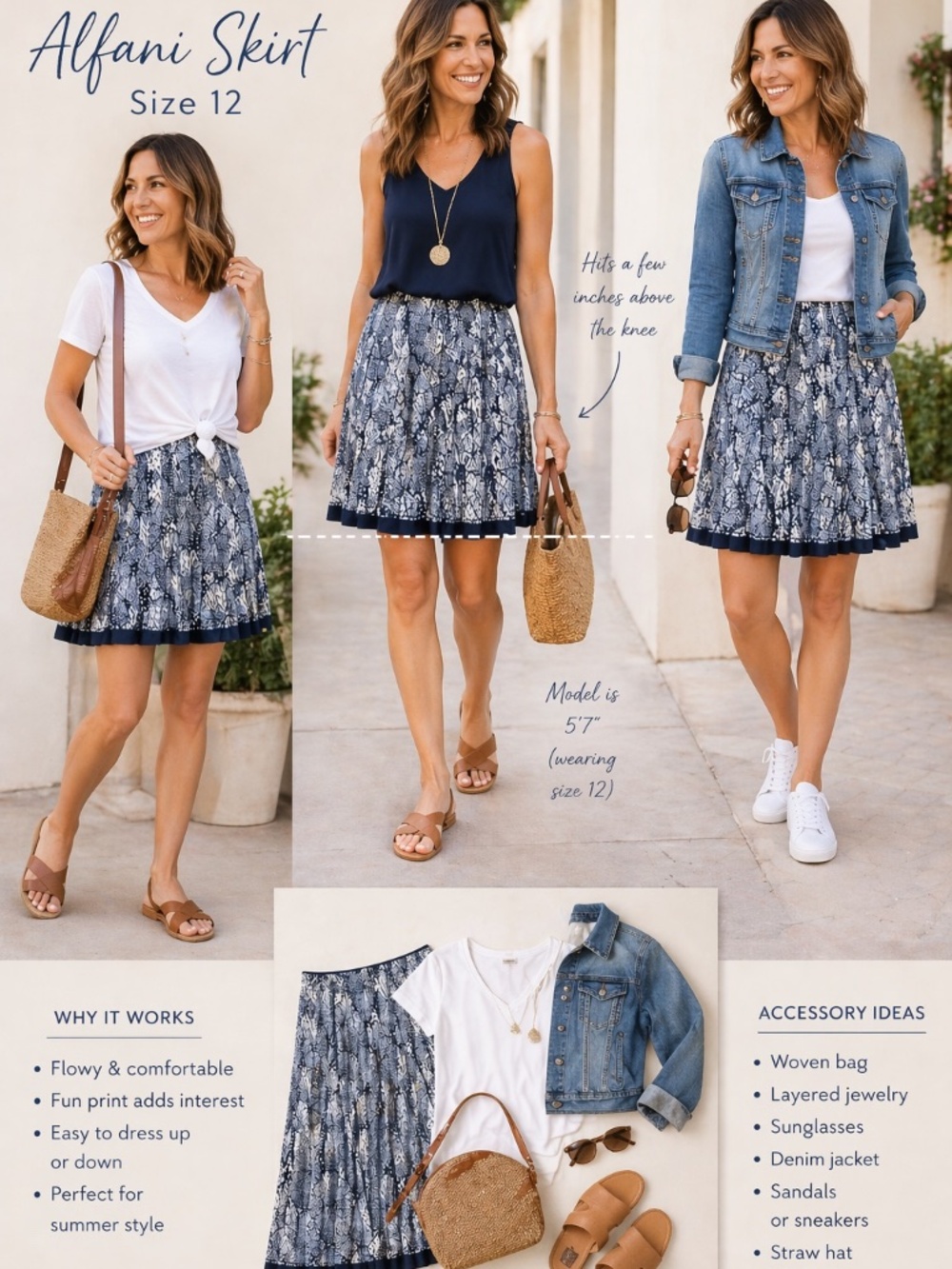 Alfani Blue White Pleated A-Line Skirt Size 12 Lined Cotton Boho